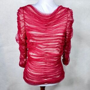Byron Lars Beauty Mark Red Ruched Mesh Top Back Zip Silk Blend Lining Medium